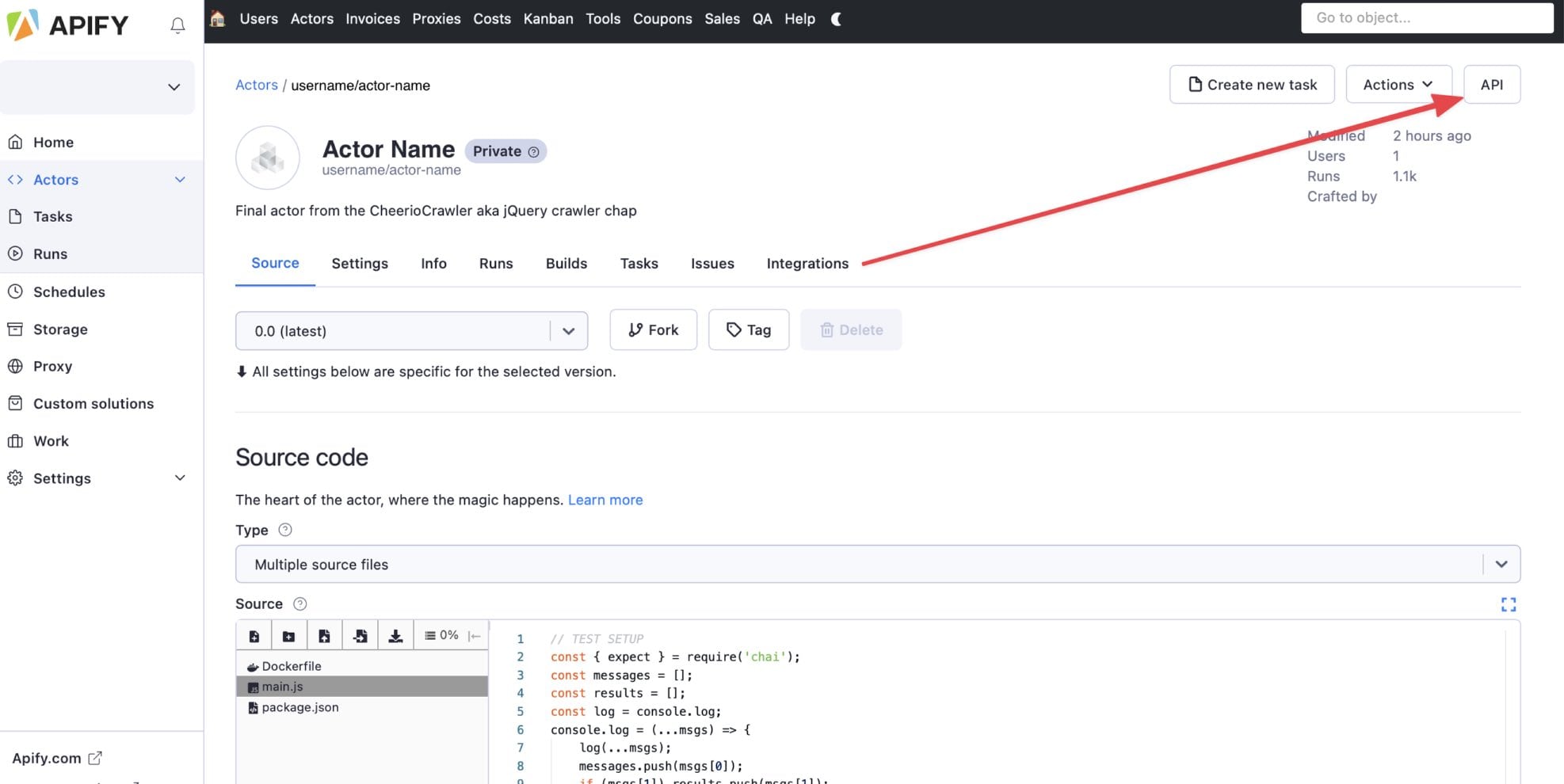 The "API" button on an Actor's page in Apify Console