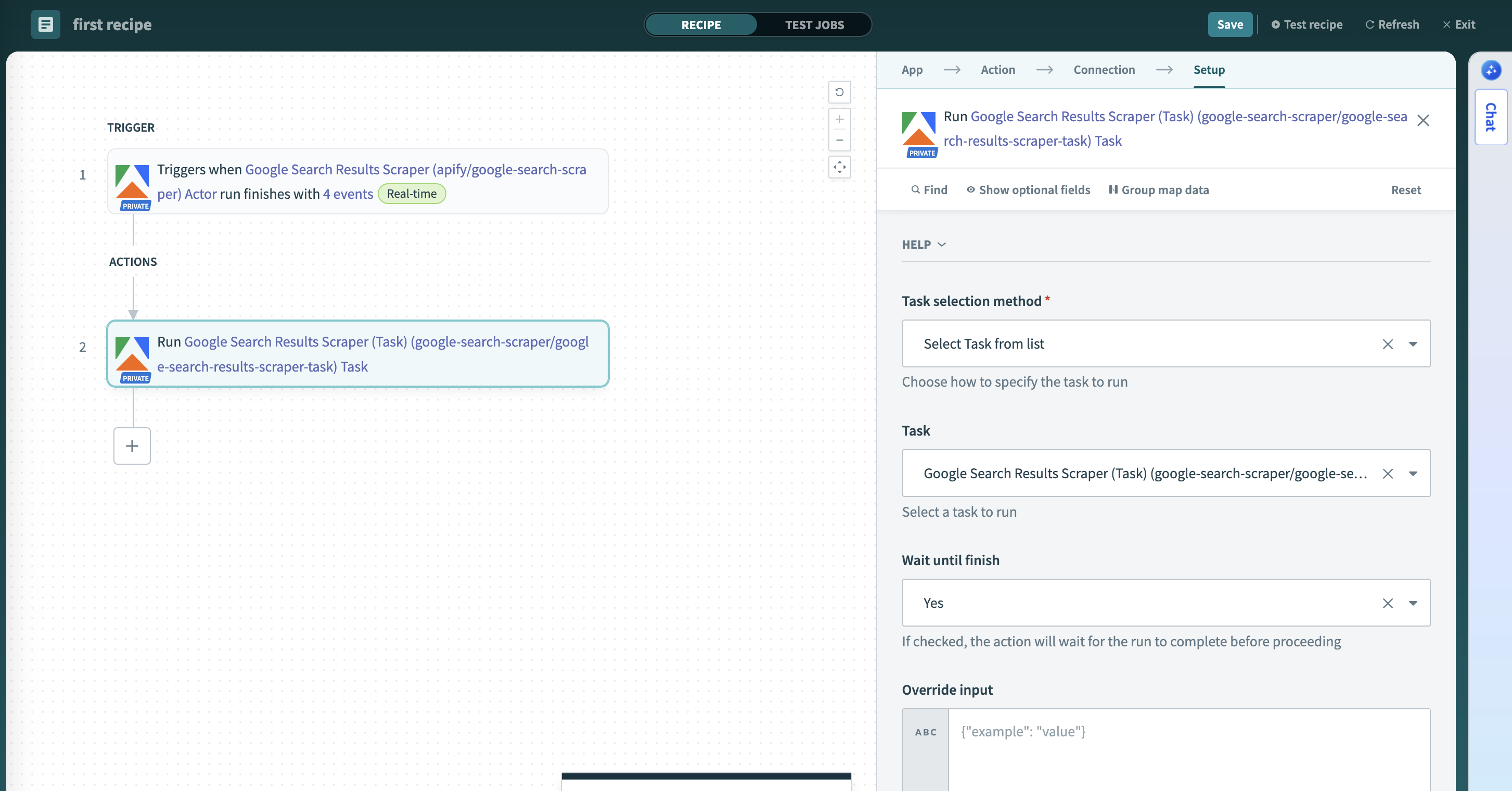 Screenshot of the Run Task action configuration interface in Workato