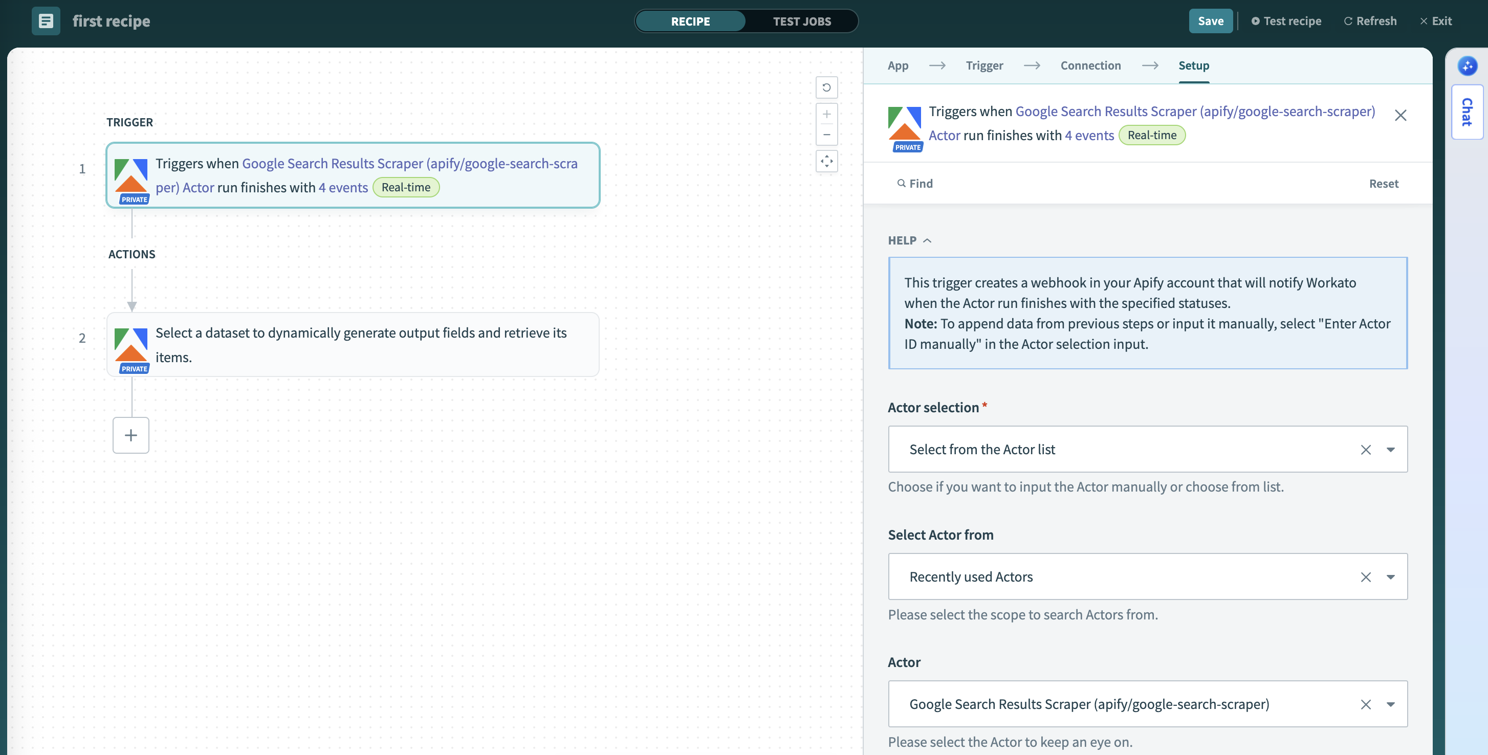 Screenshot of the Actor Run Finished trigger configuration in Workato